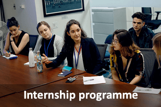 Internship programme. (Photo: UN Women interns at a meeting with the Executive Director, June 2019. Credit: UN Women/Ryan Brown.)