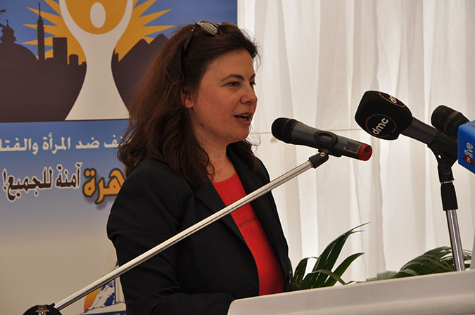 Ms Blerta Aliko delivers a speech on the opening of Imbaba friendly space