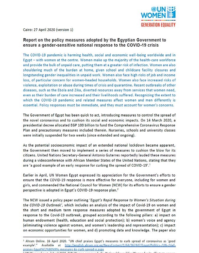 Report on the policy measures adopted by the Egyptian Government to ensure a gender-sensitive national response to the COVID-19 crisis