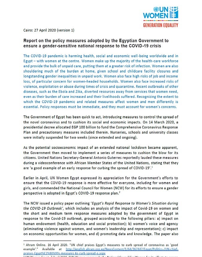 Report on the policy measures adopted by the Egyptian Government to ensure a gender-sensitive national response to the COVID-19 crisis