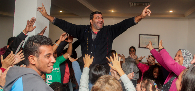 Amr Mossad celebrating with his team after winning in one of the activities organized at the family camp that took place in Alexandria from 9 to 11 December 2021.   Photo: Courtesy of WellSpring Egypt